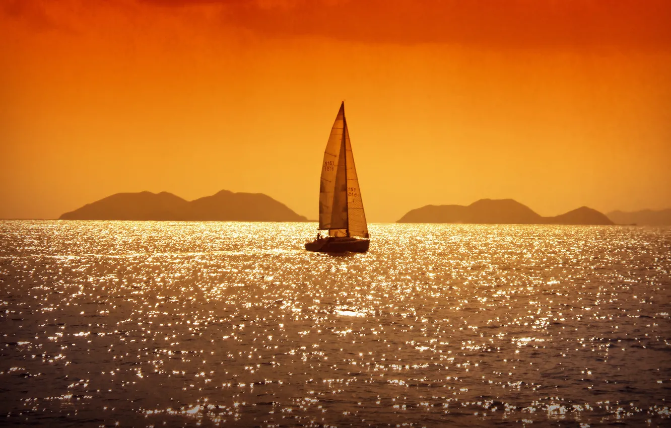 Photo wallpaper sea, sunset, reflection, island, the evening, yacht, sail, the reflection