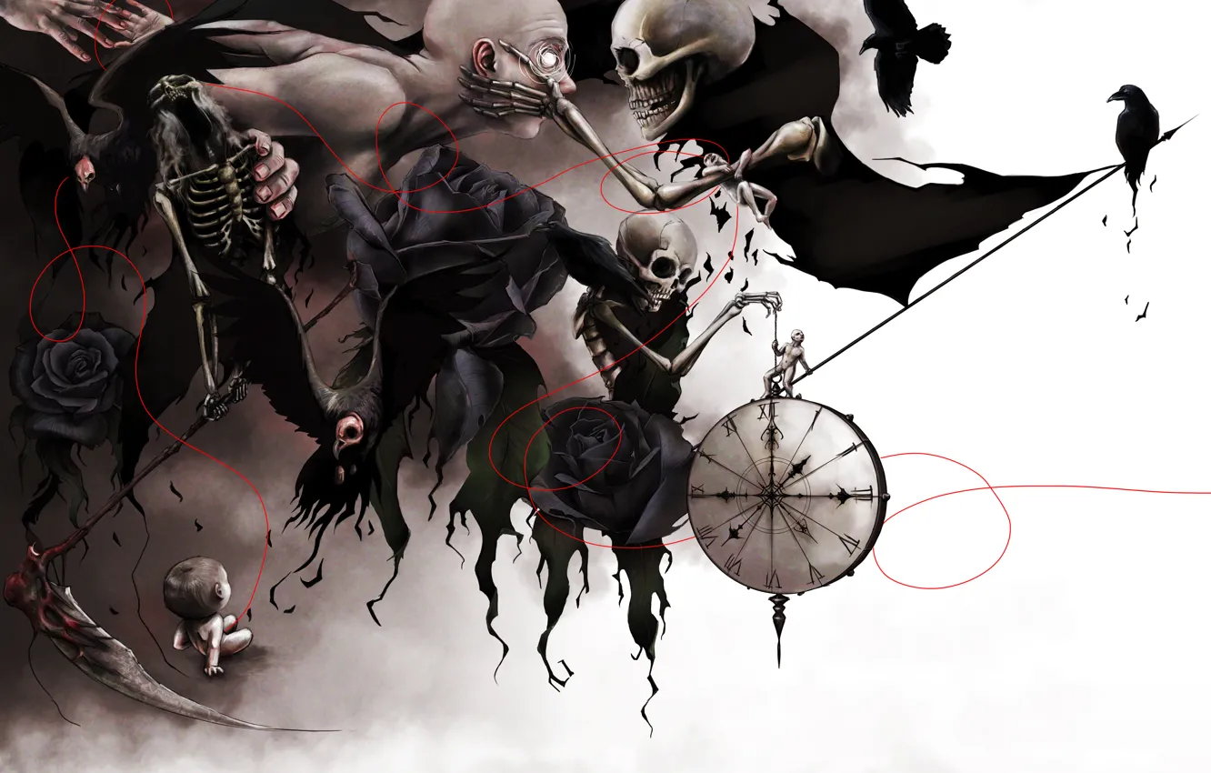 Photo wallpaper time, children, surrealism, watch, roses, skeleton, crows, touch