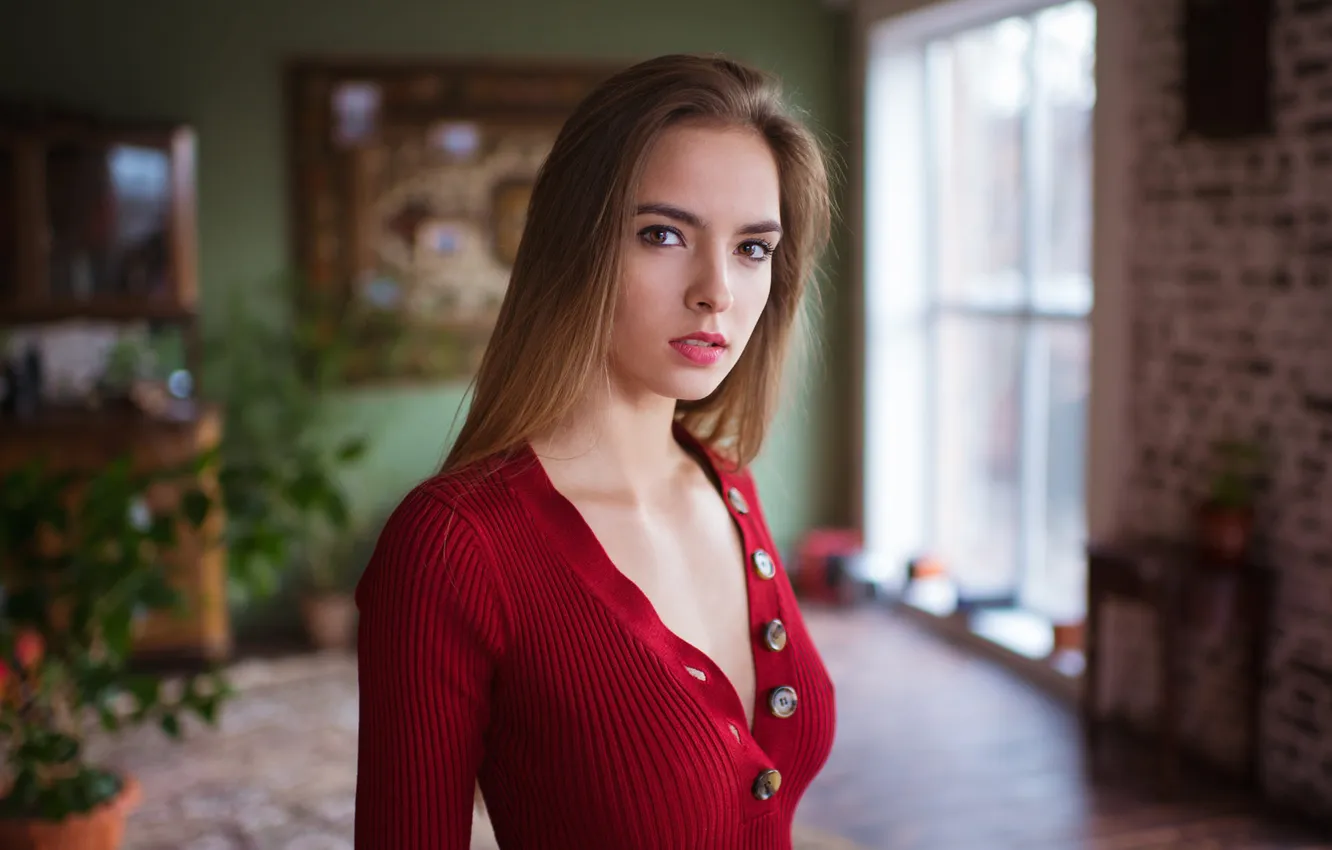 Photo wallpaper model, looking at camera, sweater, Victoria Lukina, Unbuttoned