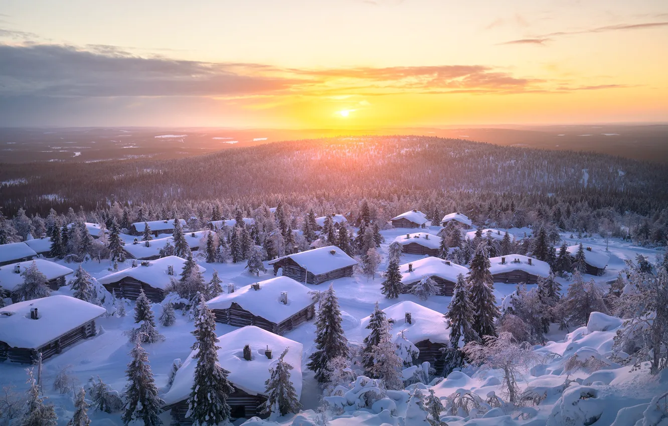 Photo wallpaper winter, snow, landscape, nature, home, morning, village, forest