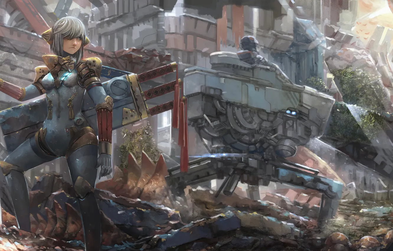 Photo wallpaper girl, the city, weapons, sword, art