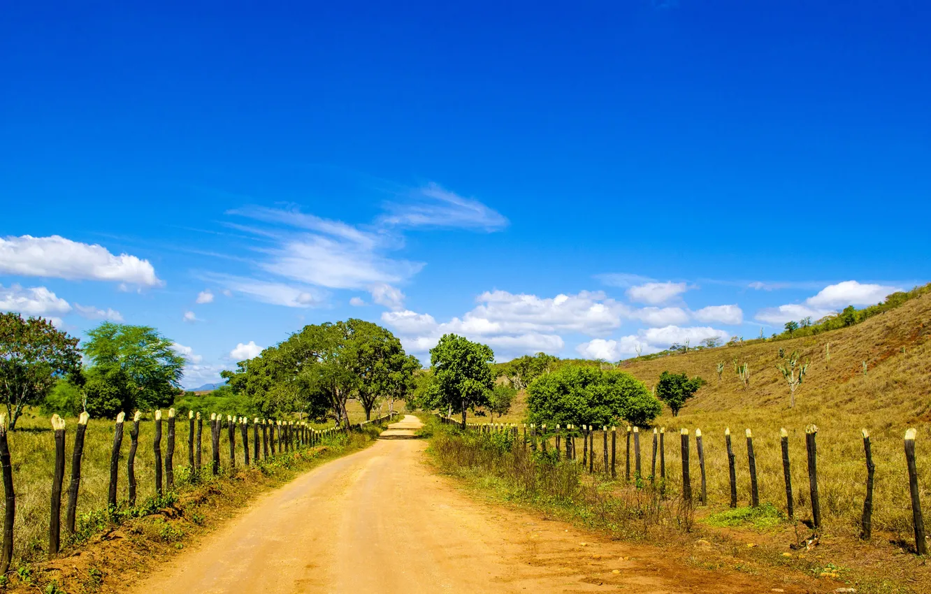 Photo wallpaper road, the sky, clouds, the fence, field, Brazil, the countryside, farm