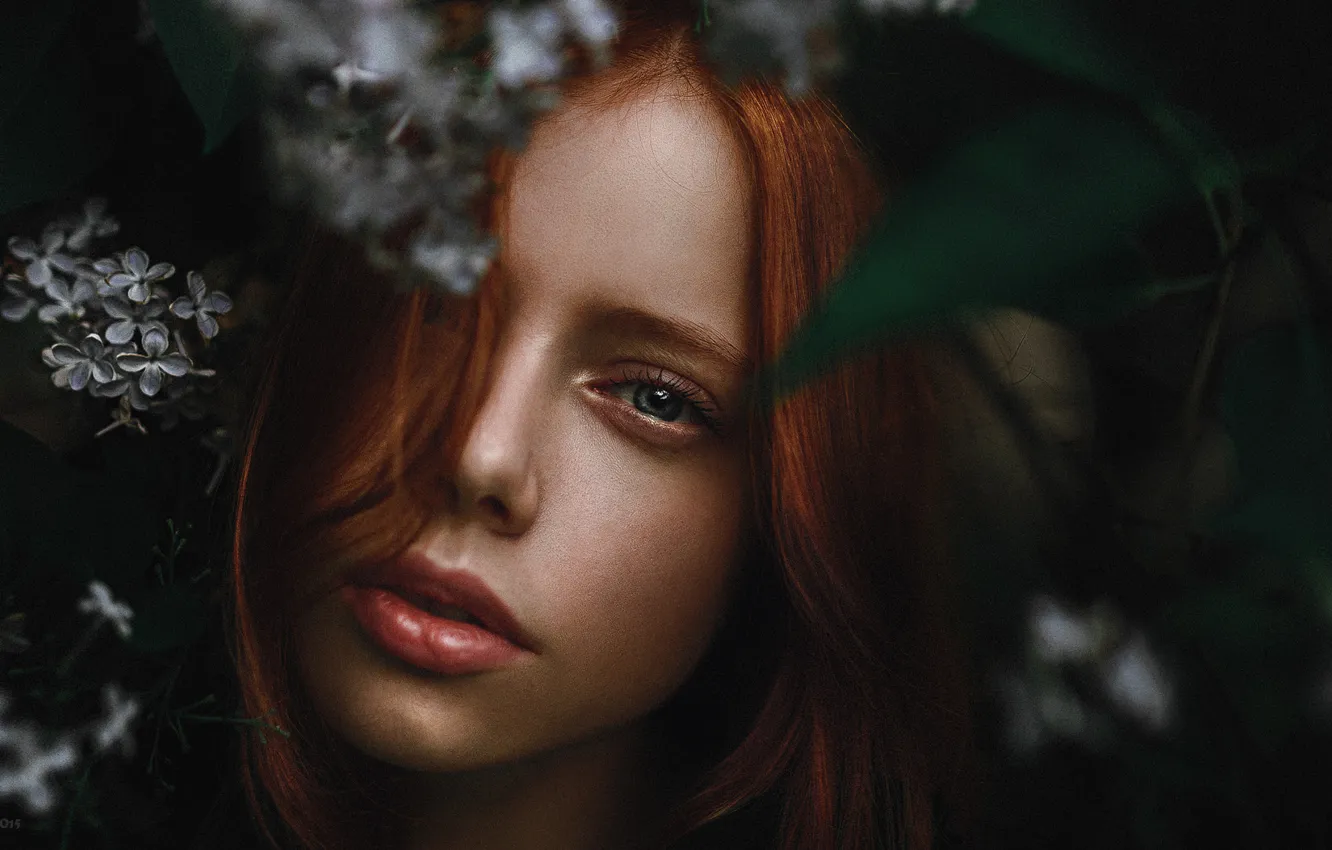 Photo wallpaper look, leaves, girl, hair, lips, red, beautiful, Catherine Jasnogorodska