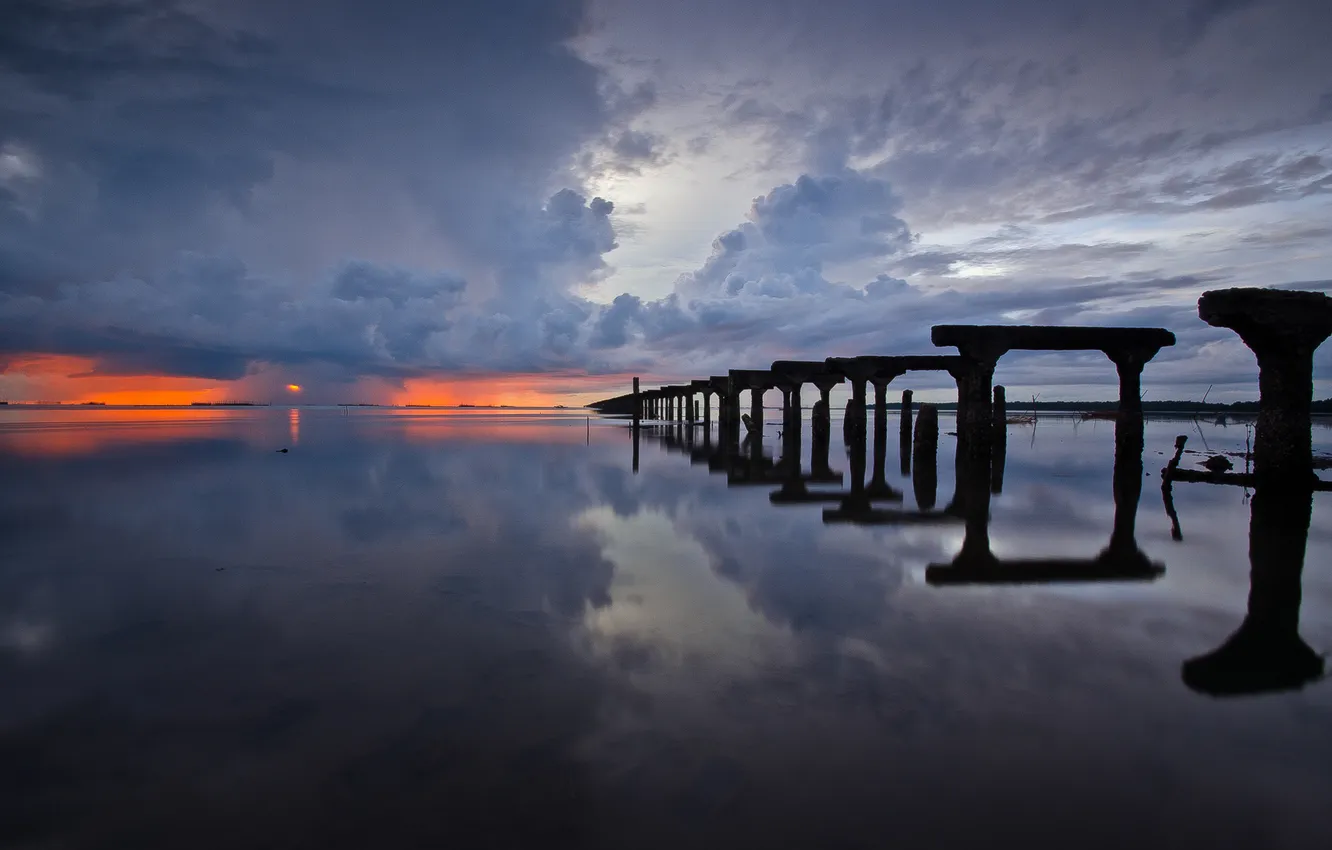 Photo wallpaper sea, the sky, sunset, skeleton