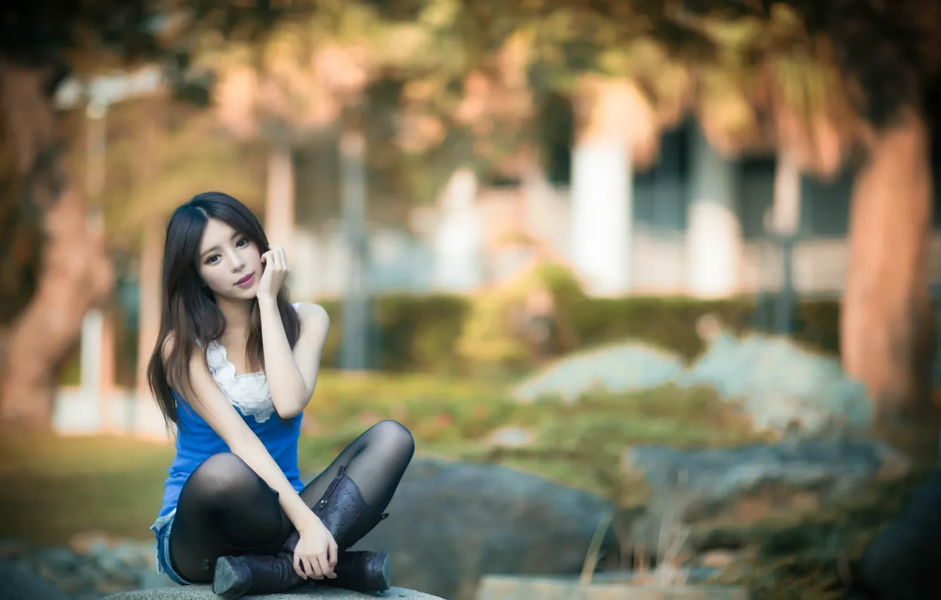 Photo wallpaper summer, girl, the city, Chinese, Asian, beautiful, sitting