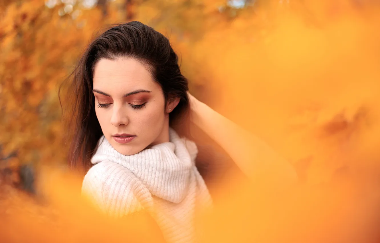Photo wallpaper autumn, look, girl, nature, pose, foliage, portrait, brunette