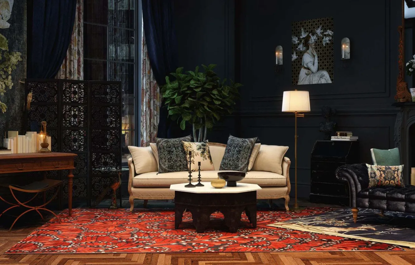 Photo wallpaper design, interior, living room, eclectic style, black color in the interior, Shakespeare in love inspired, …