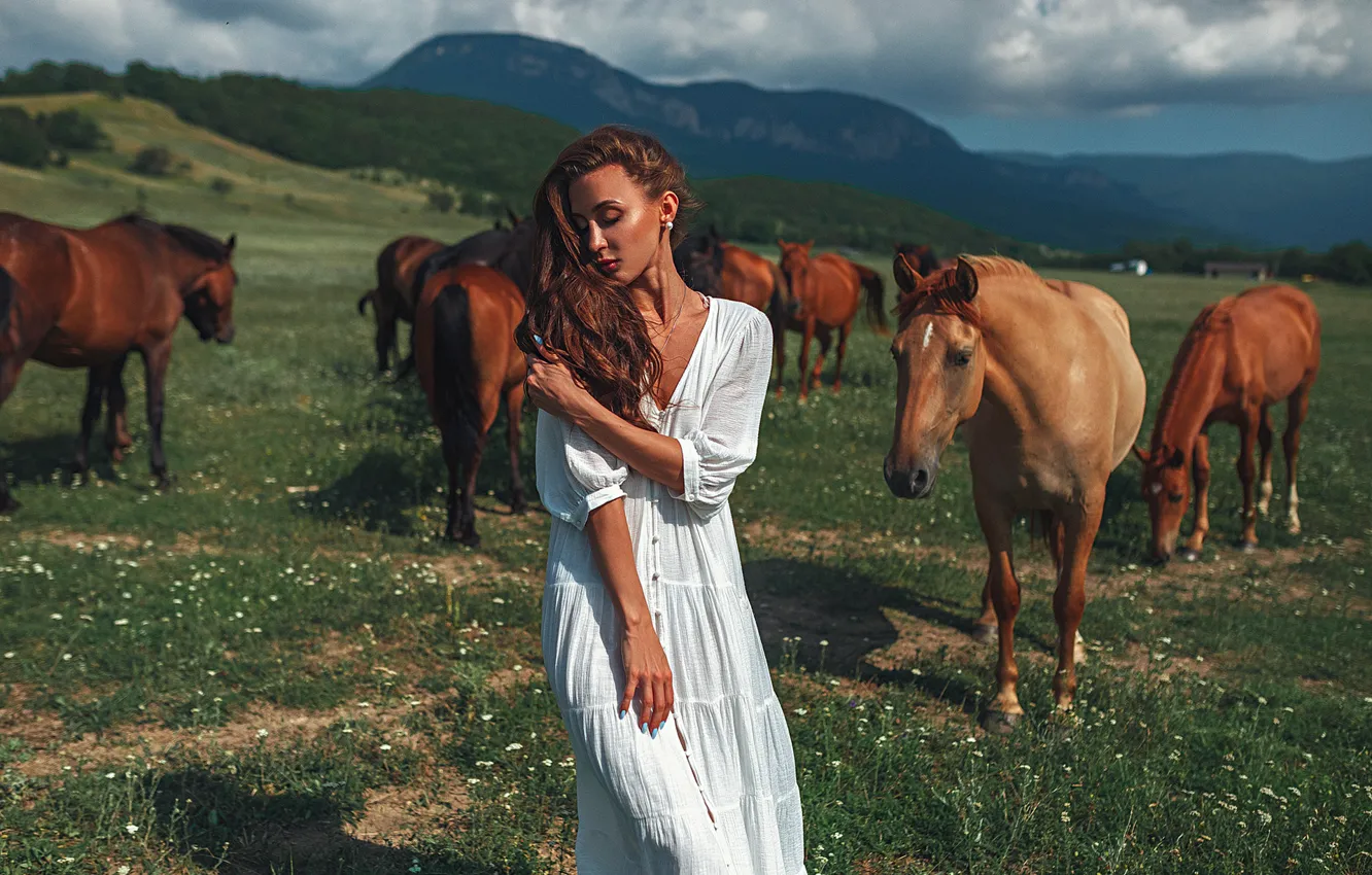 Photo wallpaper animals, the sky, clouds, nature, model, dress, horse, Gregory Levin