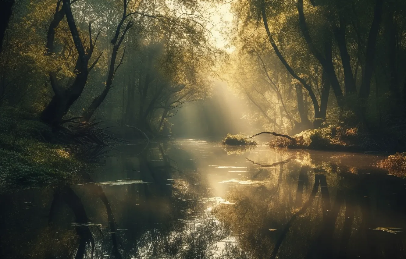 Photo wallpaper forest, rays, light, trees, landscape, nature, fog, lake