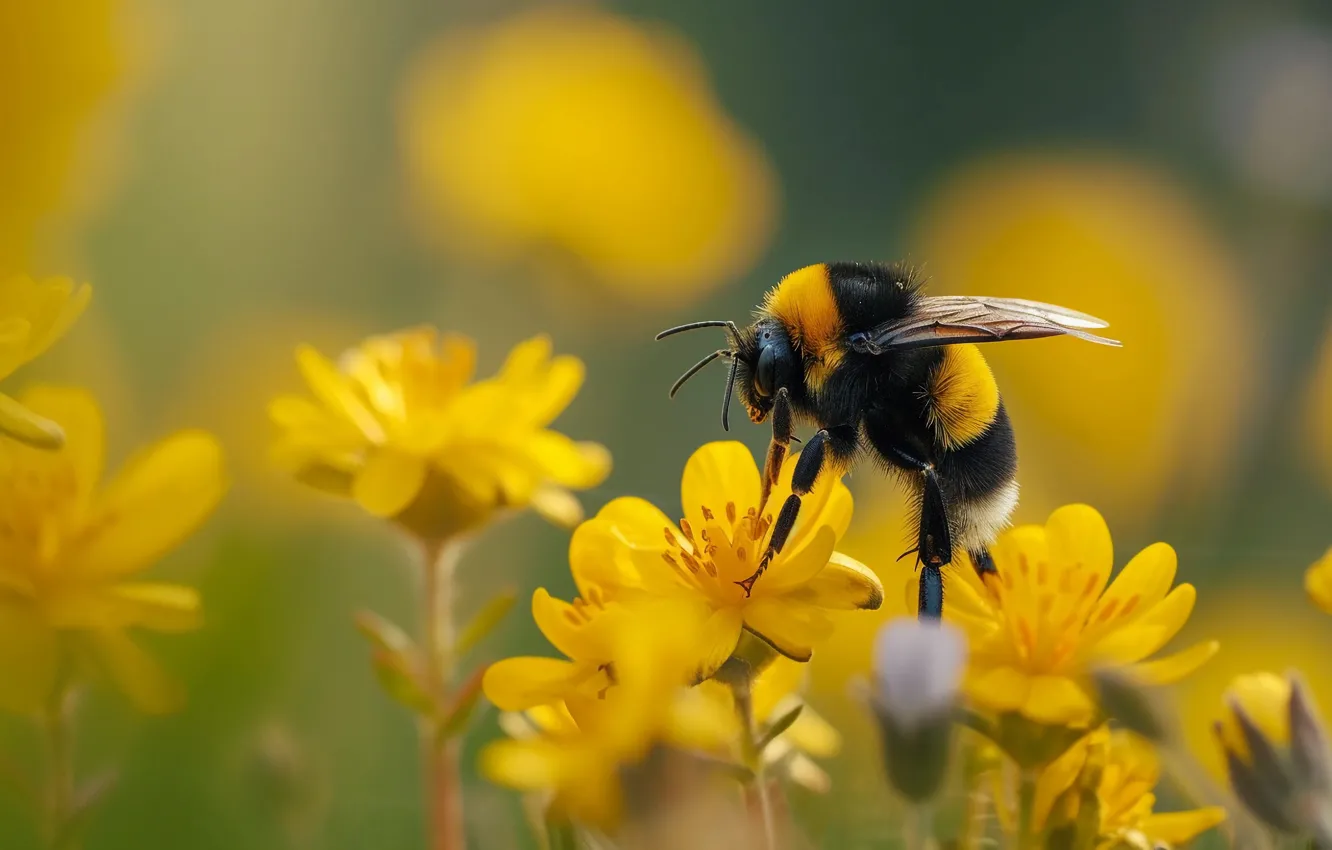 Photo wallpaper summer, flowers, bee, AI art, neural network