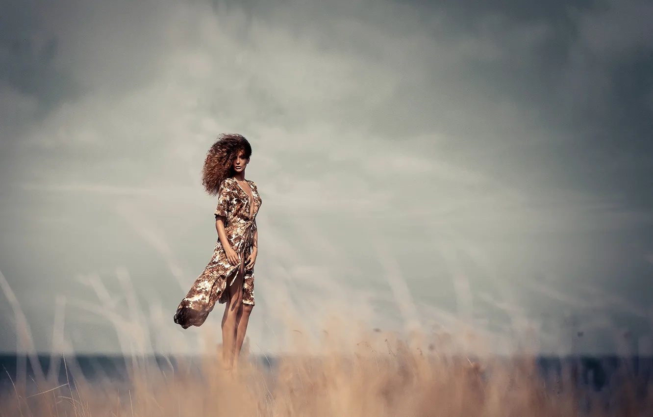 Photo wallpaper the sky, grass, the sun, clouds, pose, model, portrait, makeup