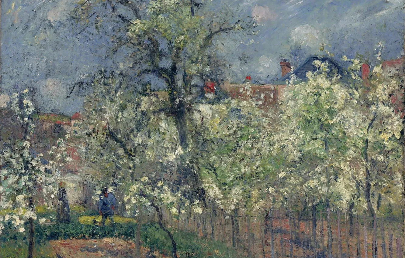 Photo wallpaper landscape, picture, spring, Camille Pissarro, In the garden of Maubuisson. PONTOISE. Pear blossoms