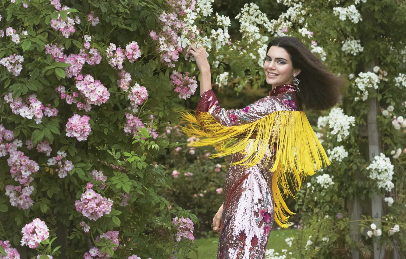 Photo wallpaper greens, decoration, joy, flowers, smile, model, makeup, garden