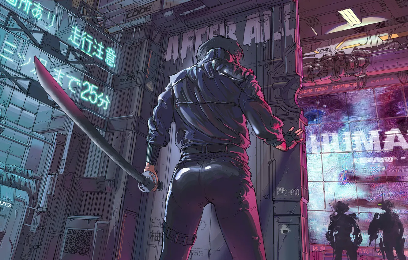 Photo wallpaper girl, figure, sword, art, Klaus, Cyber, Cyberpunk, Klaus Wittmann