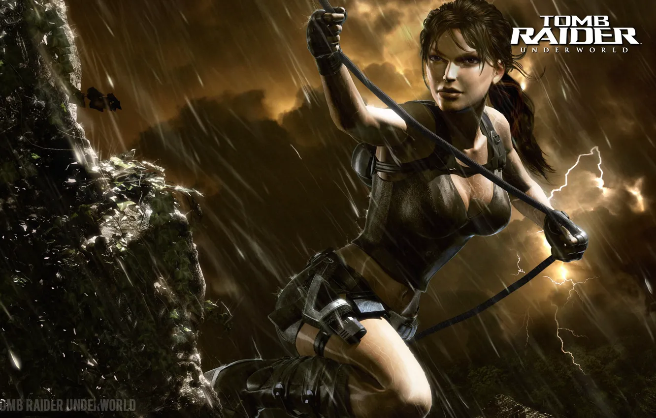 Photo wallpaper the storm, girl, clouds, rain, lightning, Tomb Raider, Lara Croft, Lara Croft