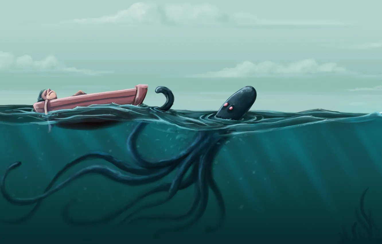 Photo wallpaper sea, wave, boat, people, octopus