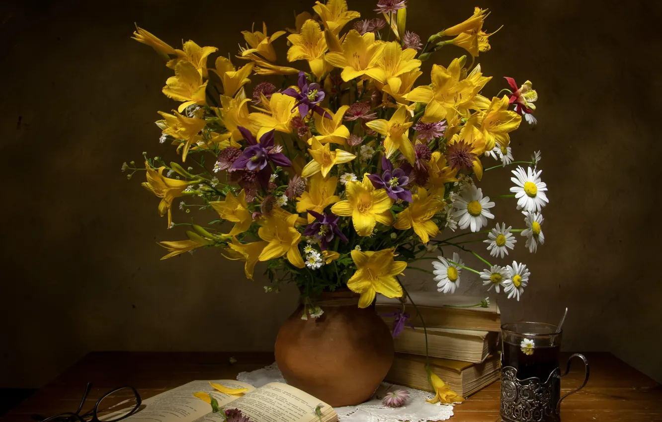 Photo wallpaper flowers, tea, Lily, books, chamomile, bouquet, glasses, book