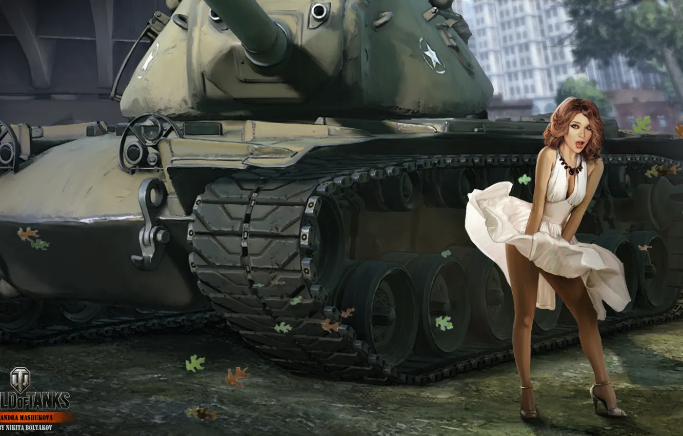 Photo wallpaper girl, skirt, tank, girl, USA, tanks, WoT, World of tanks