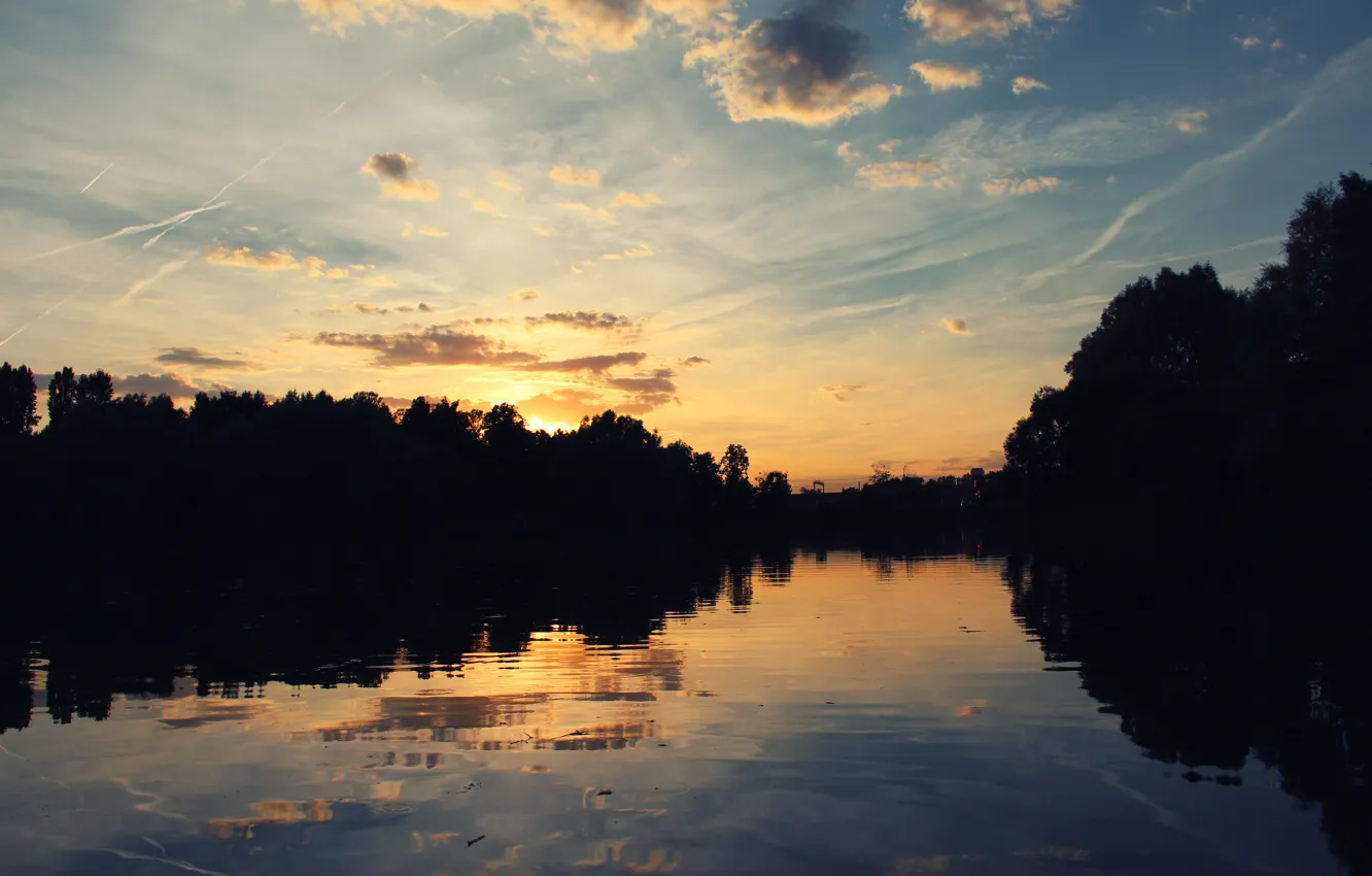 Photo wallpaper sunset, lake, reflection, heaven