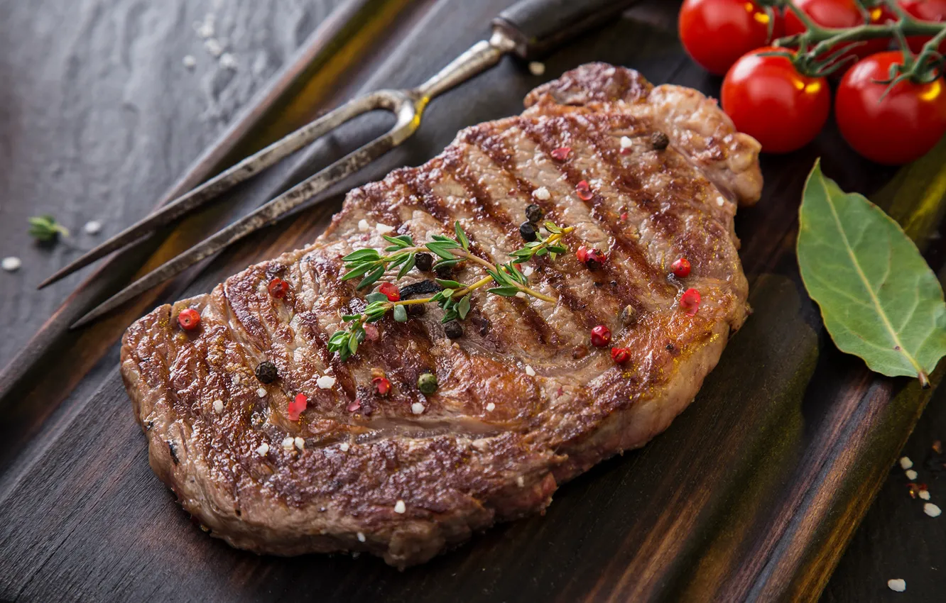 Photo wallpaper meat, tomatoes, spices, steak
