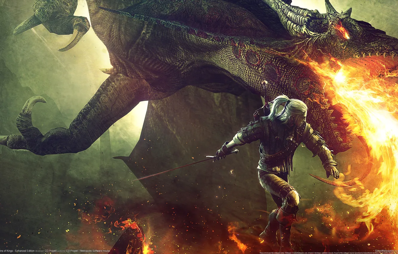 Photo wallpaper dragon, Geralt, assassins of kings, the Witcher 2, The witcher 2, enhanced edition