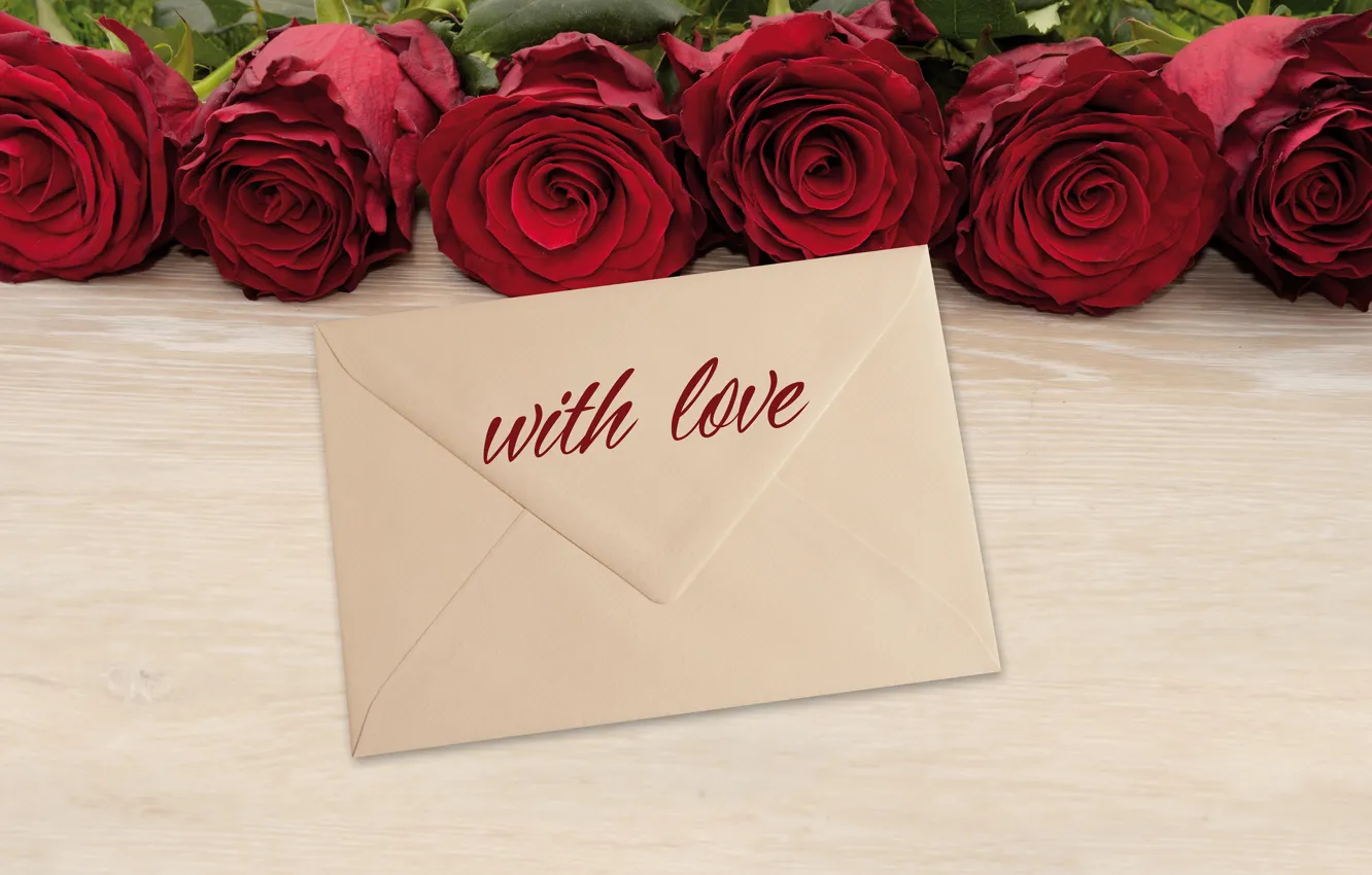Photo wallpaper flowers, red, table, background, holiday, the inscription, roses, bouquet