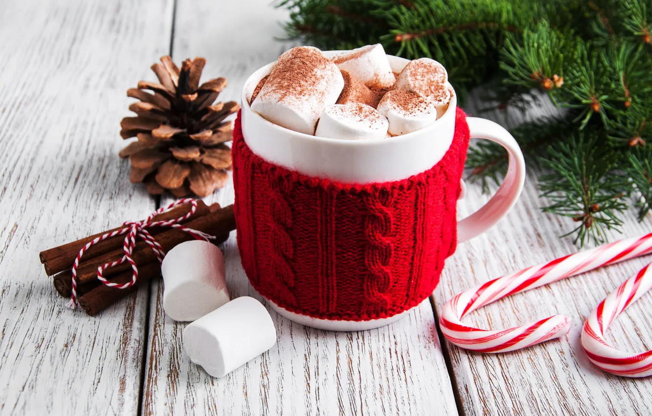 Photo wallpaper decoration, New Year, Christmas, christmas, wood, cup, merry, cocoa