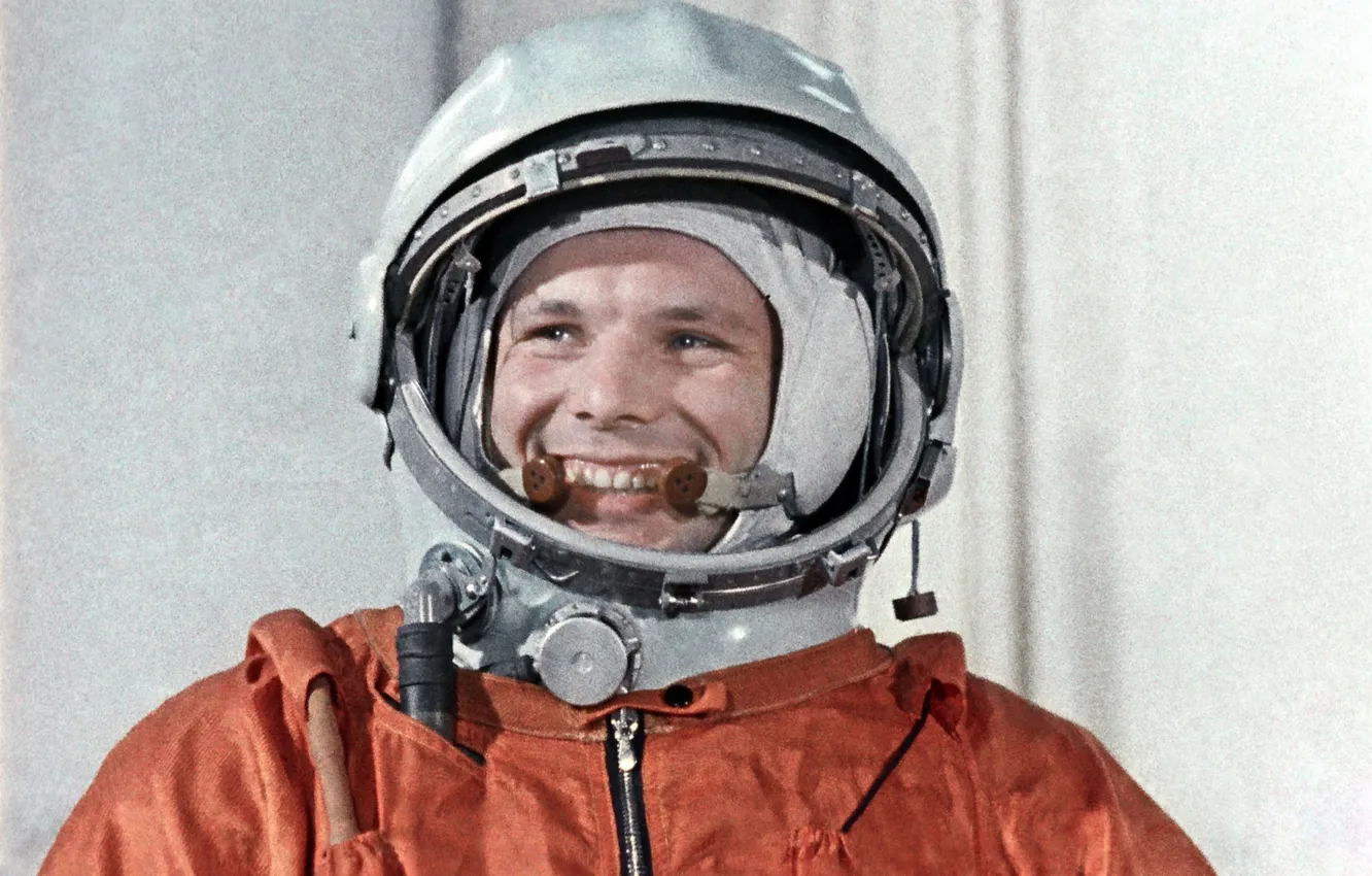 Photo wallpaper smile, astronaut, the suit, hero, legend, pilot, Yuri Gagarin