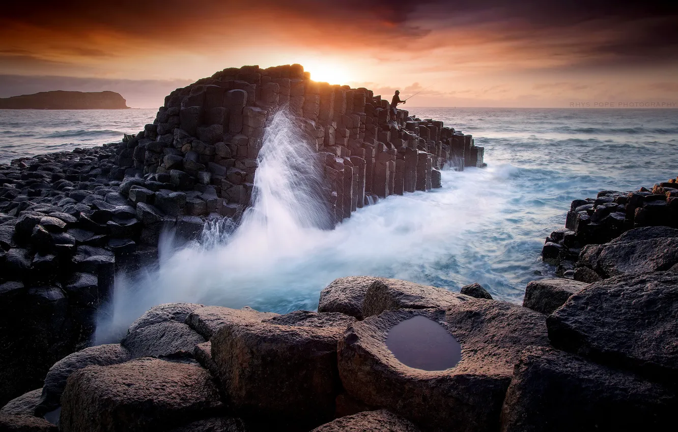 Photo wallpaper sea, sunset, shore, fishing