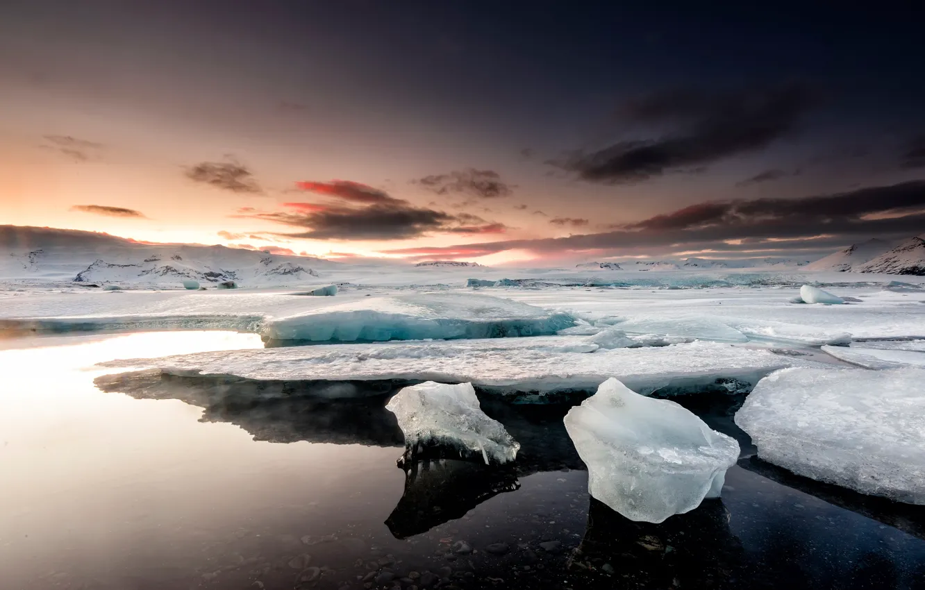 Photo wallpaper ice, winter, the sky, clouds, snow, sunset, mountains, nature