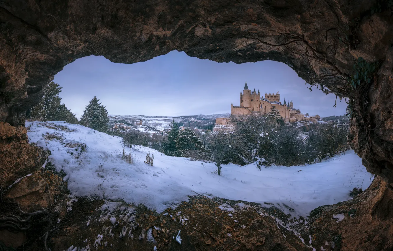 Photo wallpaper winter, snow, castle, view, cave
