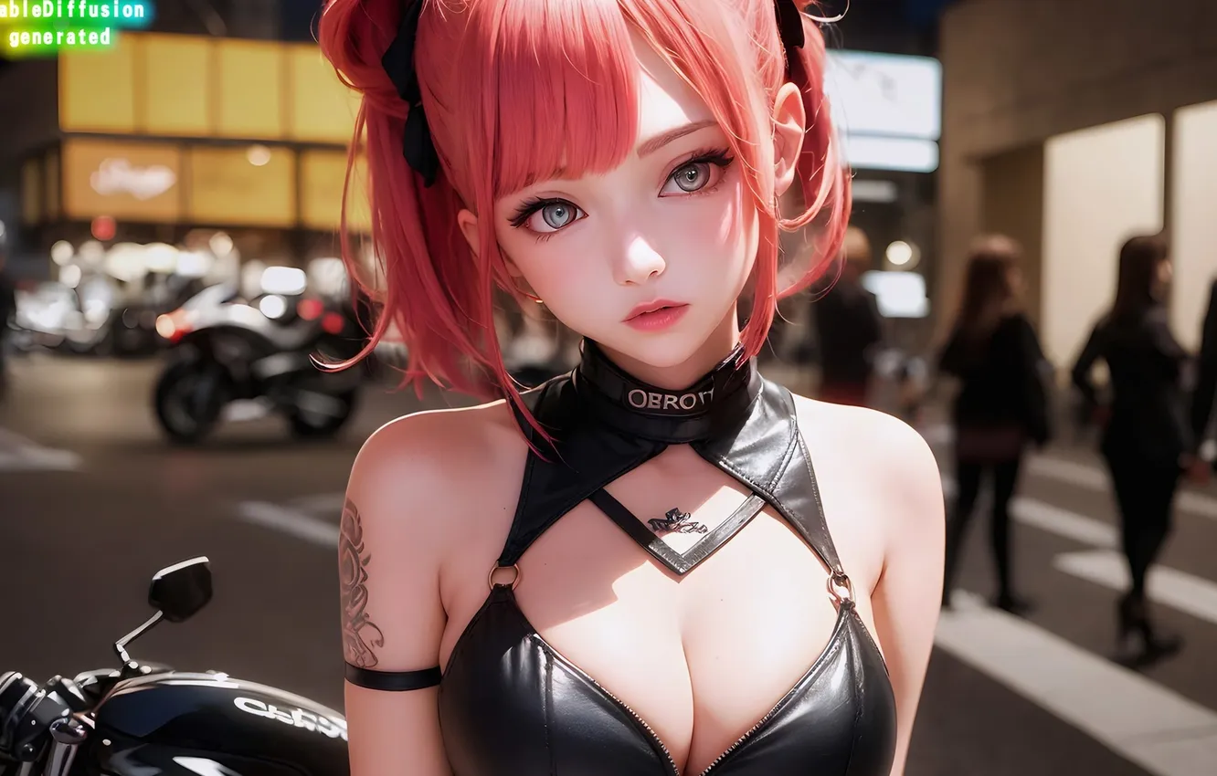 Photo wallpaper look, street, people, motorcycle, neckline, digital art, beautiful girl, evening city