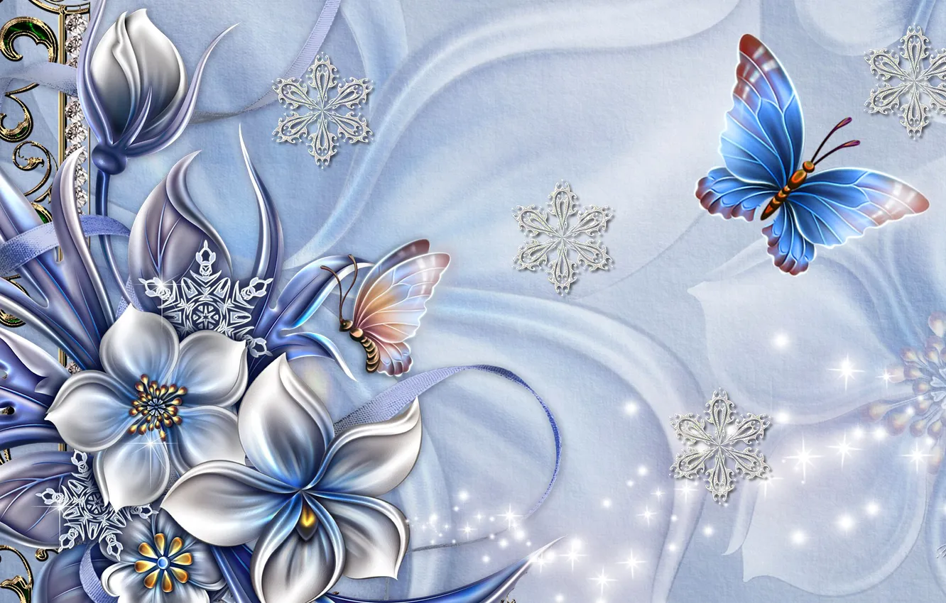 Photo wallpaper flowers, snowflakes, collage, butterfly