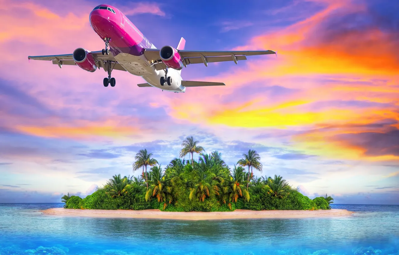 Photo wallpaper sea, beach, tropics, The plane, flying over the island