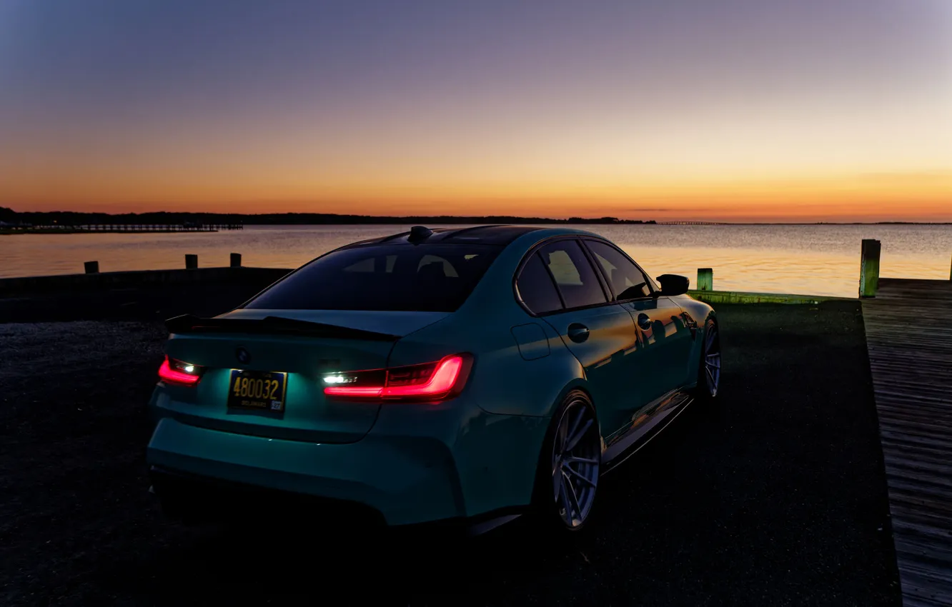 Photo wallpaper Green, Bmw, Sunset, Night, Bmw M3, Rear