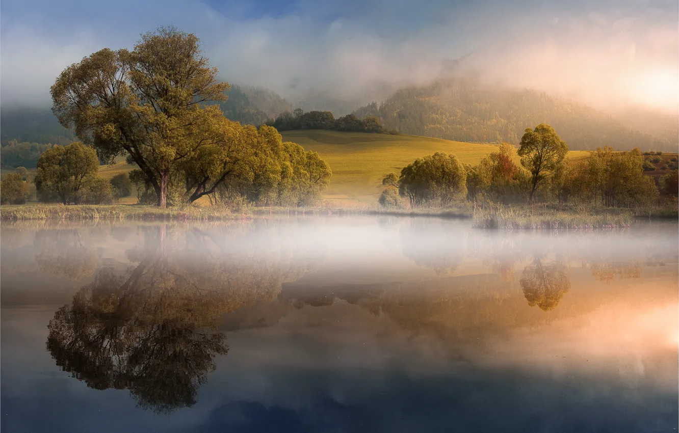 Photo wallpaper autumn, clouds, trees, fog, reflection, hills, shore, pond