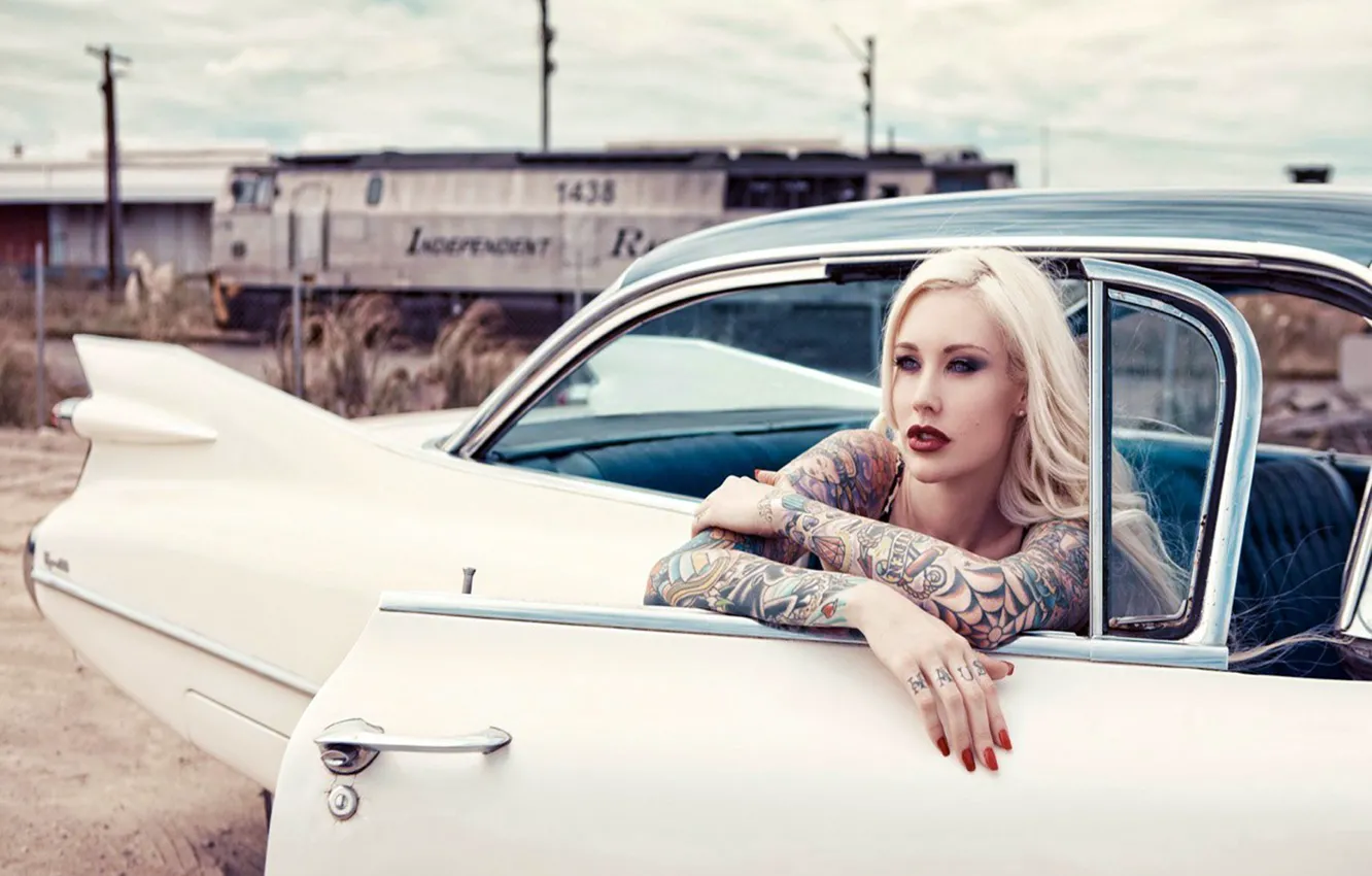 Photo wallpaper auto, look, girl, desert, model, Ford, tattoo, lips