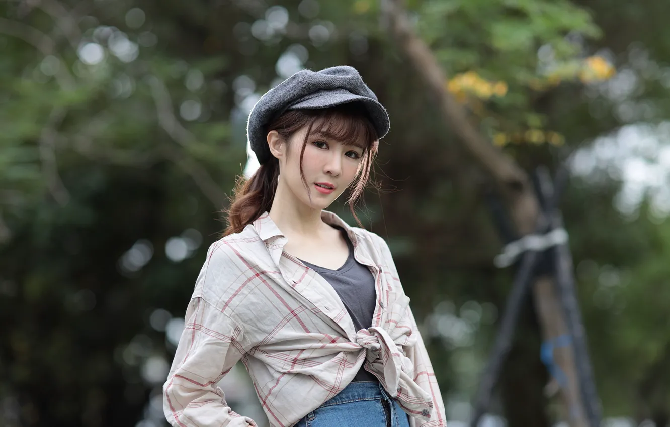 Photo wallpaper look, girl, cap, shirt, Asian, cutie