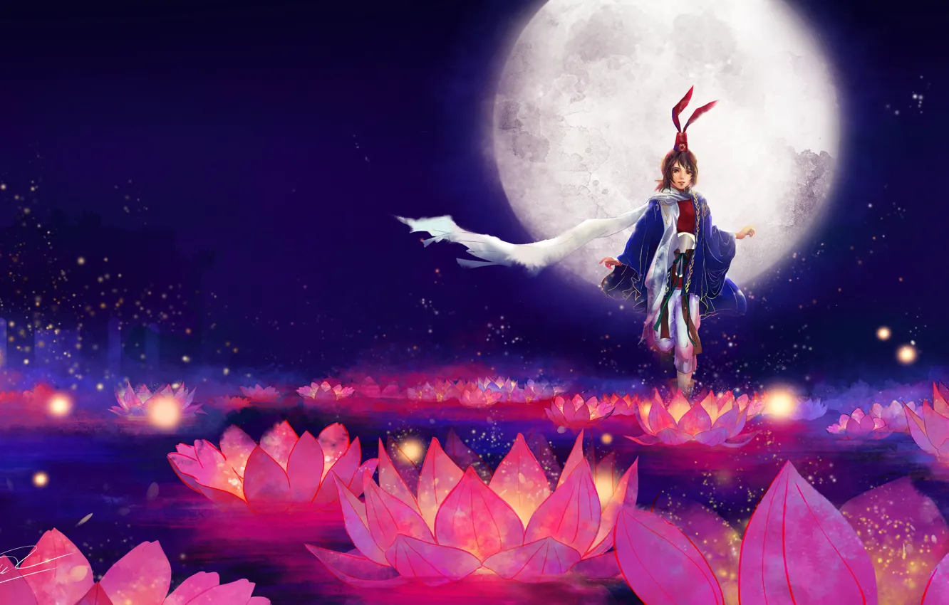 Photo wallpaper girl, flowers, background, the moon