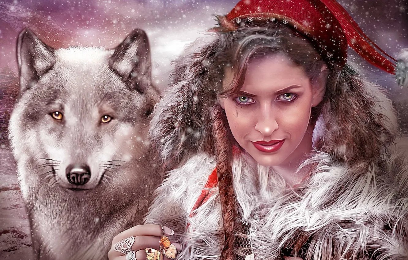 Photo wallpaper look, girl, wolf