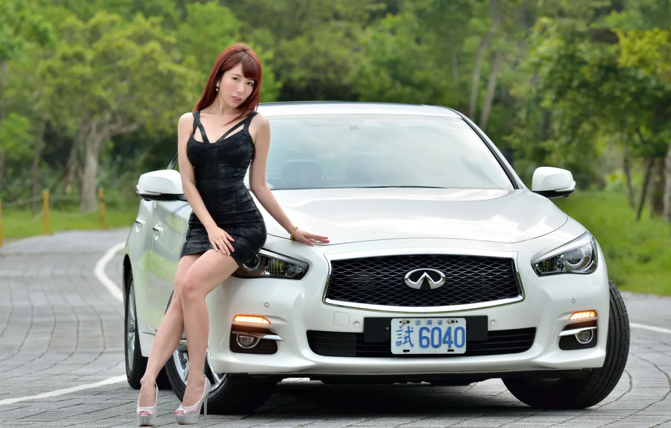 Photo wallpaper look, girl, Asian, beautiful girl, white car, Infiniti Q50, posing on the car
