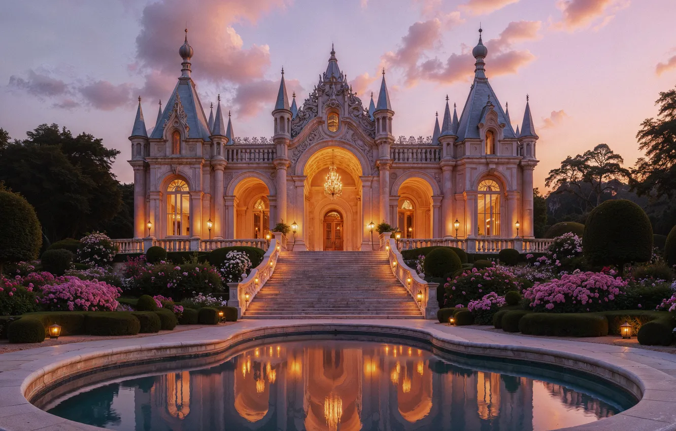 Photo wallpaper lights, castle, Palace, fabulous, castle, ancient, fairytale, gloomy