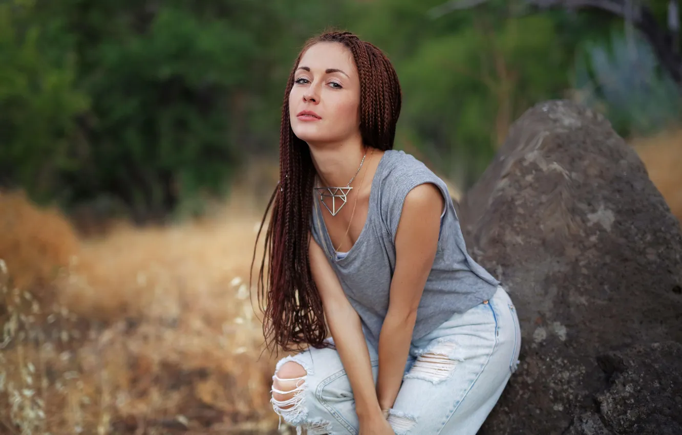 Photo wallpaper girl, beautiful, model, jeans, pigtails