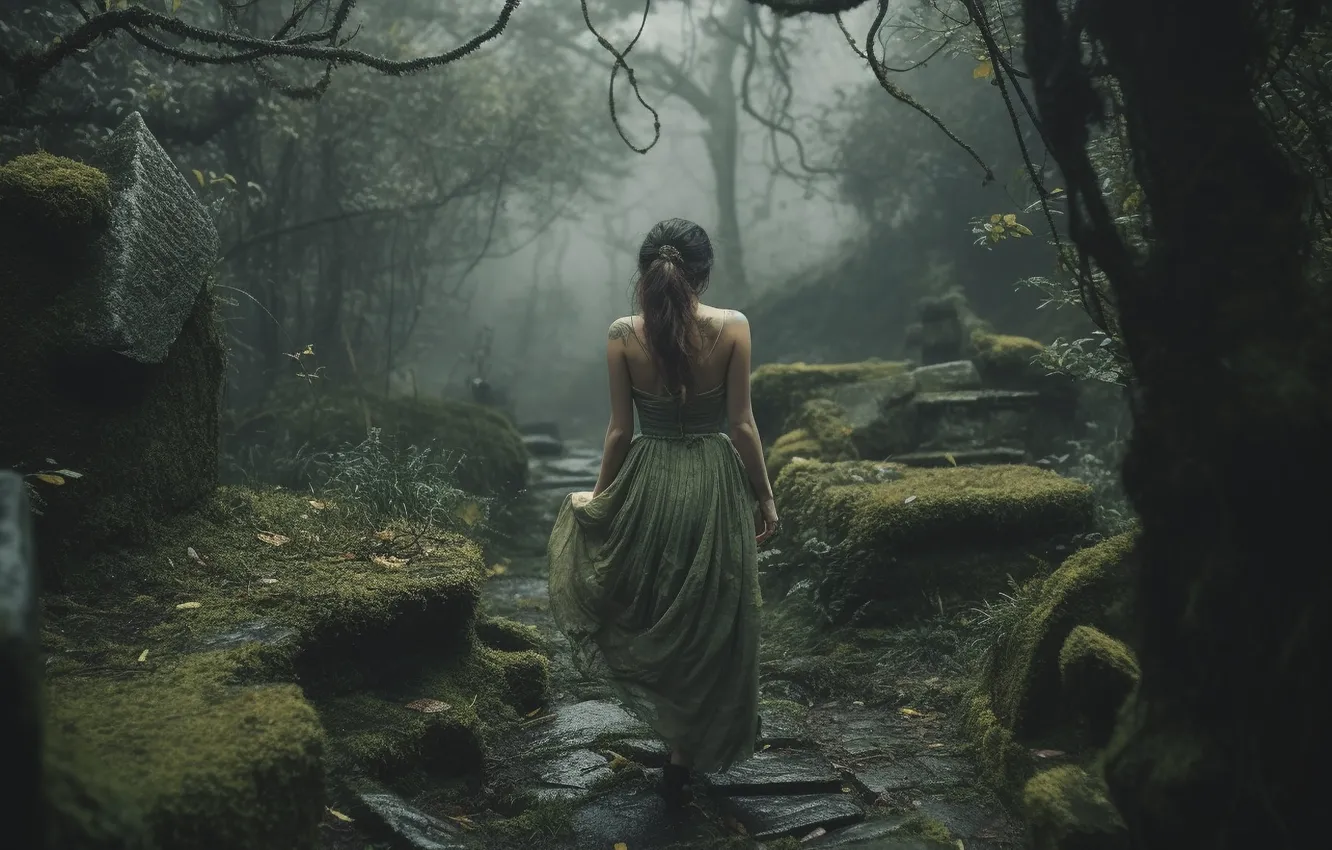 Photo wallpaper forest, girl, trees, branches, nature, pose, green, fog