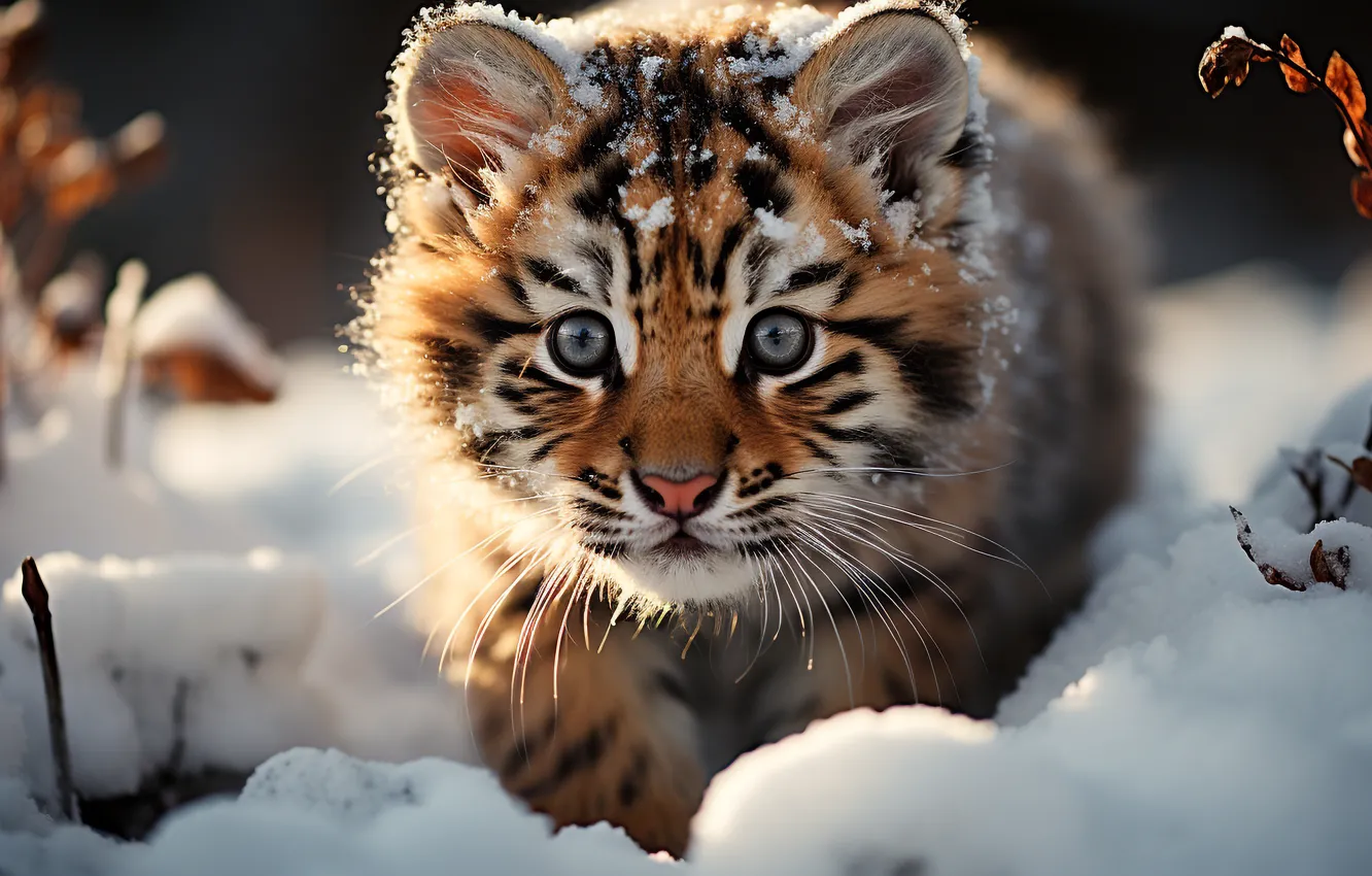 Photo wallpaper winter, look, light, snow, nature, tiger, the snow, walk
