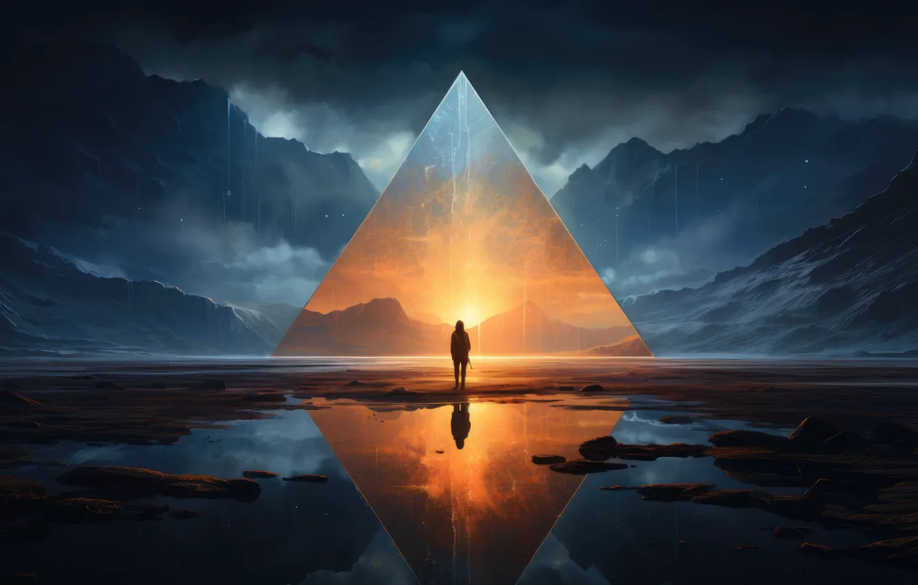 Photo wallpaper mountains, night, darkness, the portal, portal, Other Worlds, night, triangle