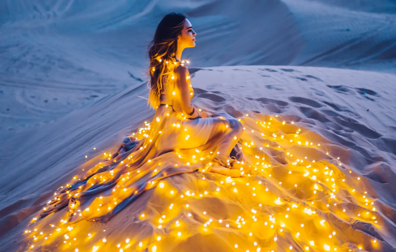 Photo wallpaper girl, light, dress, garland, light bulb, Kristina Makeeva