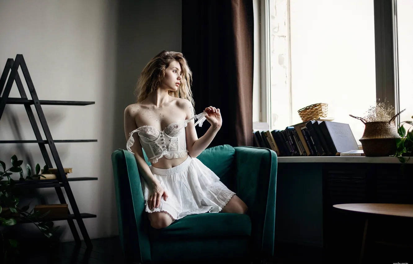 Photo wallpaper girl, pose, skirt, chair, hands, tattoo, blonde, bustier