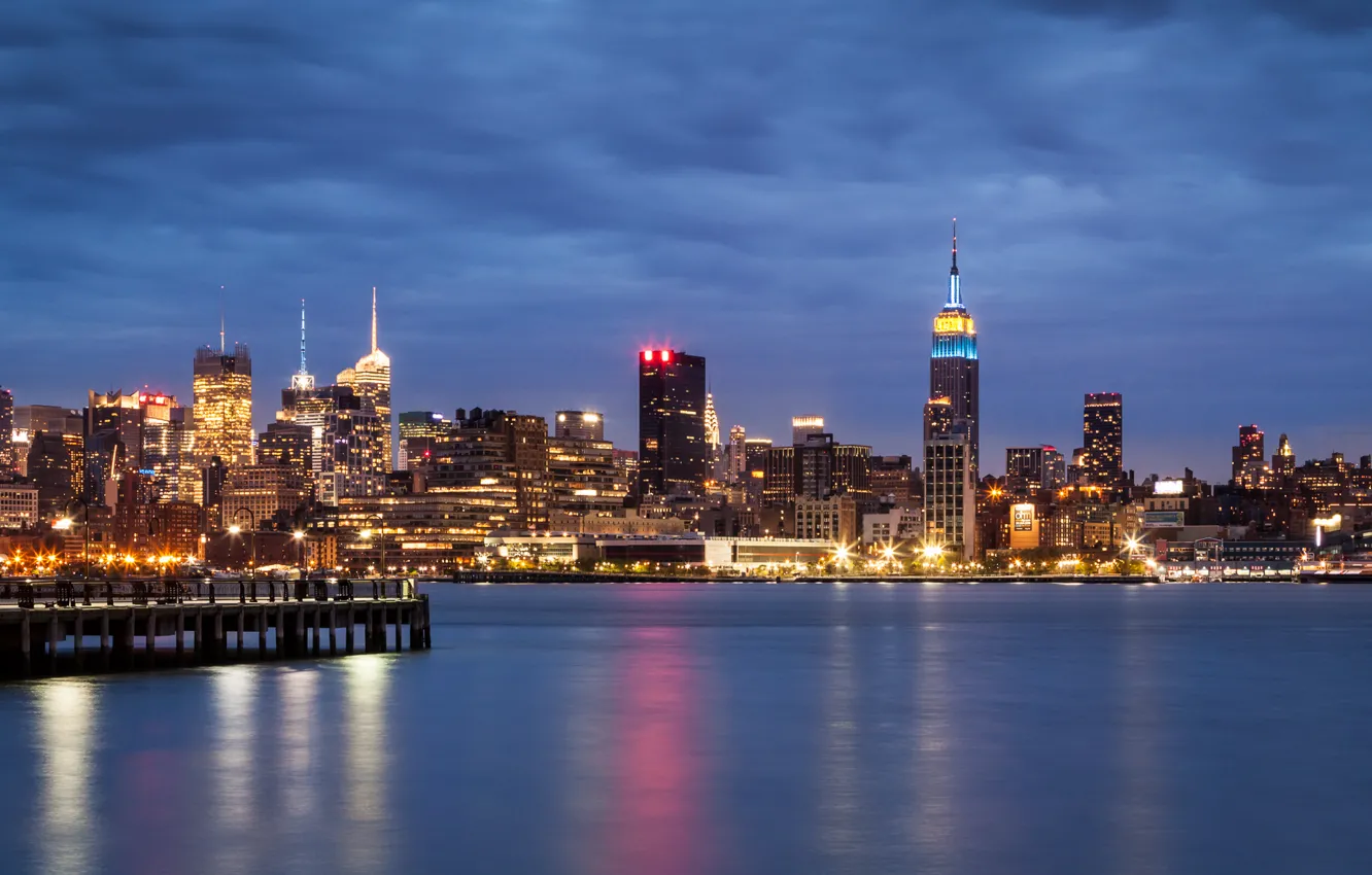 Photo wallpaper the sky, night, clouds, the city, lights, river, building, New York