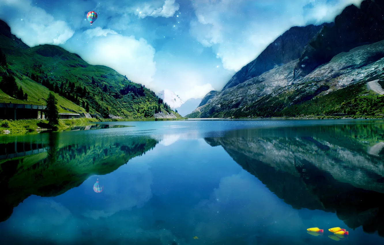 Photo wallpaper mountains, nature, lake